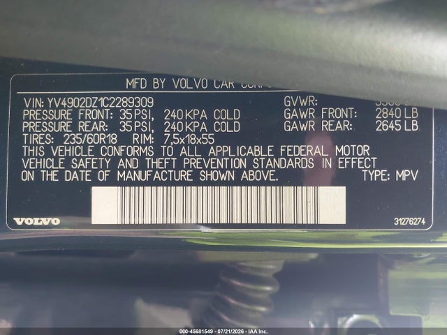 Aukcja sprzedaży 2012 Volvo Xc60 T6 Platinum, vin: YV4902DZ1C2289309, numer aukcji: 45681549
