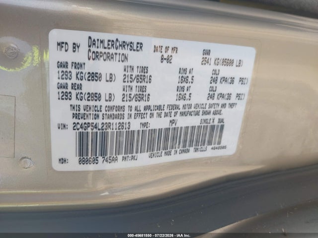 2003 Chrysler Town & Country Lxi მანქანა იყიდება აუქციონზე, vin: 2C4GP54L23R112613, აუქციონის ნომერი: 45681550