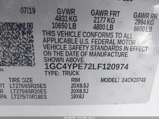 Aukcja sprzedaży 2020 Chevrolet Silverado 2500hd 4wd  Standard Bed Ltz, vin: 1GC4YPE72LF120974, numer aukcji: 45681552