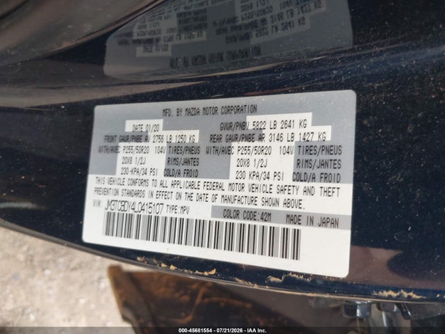 Продажа на аукционе авто 2020 Mazda Cx-9 Grand Touring, vin: JM3TCBDY4L0415107, номер лота: 45681554