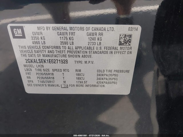 45681561 :رقم المزاد ، 2GKALSEK1E6271928 vin ، 2014 Gmc Terrain Slt-1 مزاد بيع