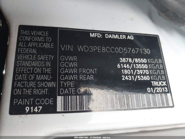Продаж на аукціоні авто 2013 Mercedes-benz Sprinter 2500 High Roof, vin: WD3PE8CC0D5767130, номер лоту: 45681562