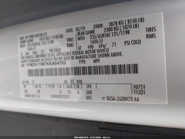 1FMZK1YM7KKA64702 Ford Transit-150 Xl