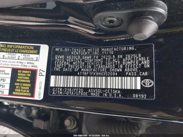 45681590 :رقم المزاد ، 4T1BF1FK9HU352094 vin ، 2017 Toyota Camry Se مزاد بيع
