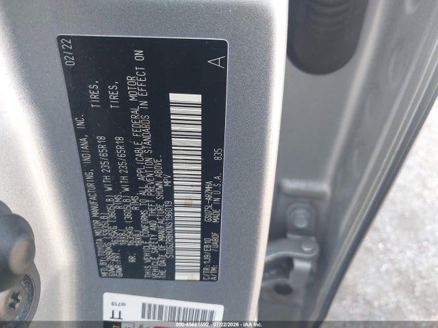 45681592 :رقم المزاد ، 5TDGZRBH0NS196019 vin ، 2022 Toyota Highlander Xle مزاد بيع