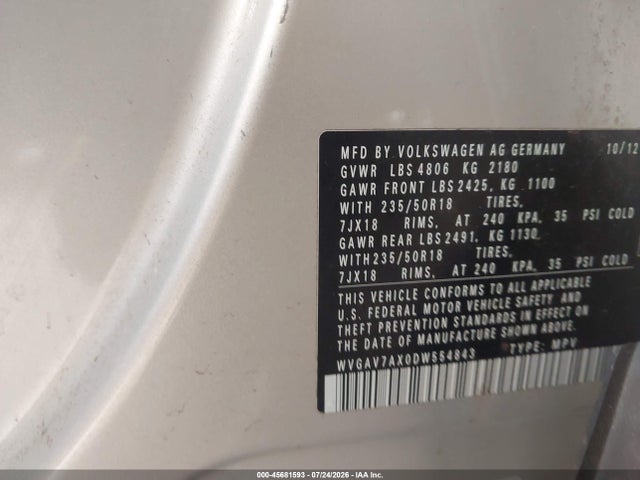 45681593 :رقم المزاد ، WVGAV7AX0DW554843 vin ، 2013 Volkswagen Tiguan Se مزاد بيع