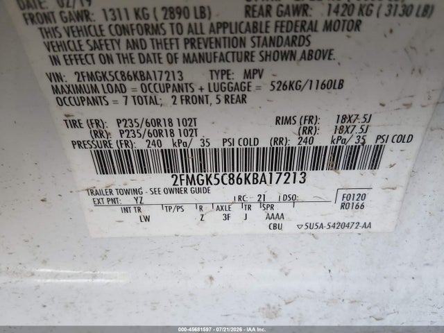2FMGK5C86KBA17213 Ford FLEX SEL