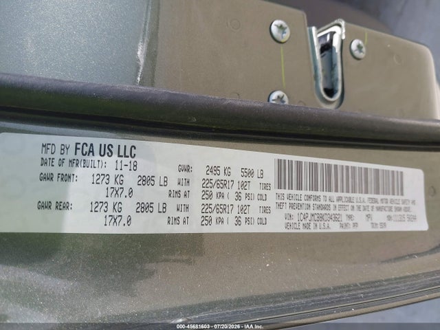 45681603 :رقم المزاد ، 1C4PJMCB8KD343621 vin ، 2019 Jeep Cherokee Latitude 4x4 مزاد بيع