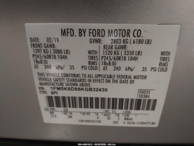 2019 Ford Explorer Xlt მანქანა იყიდება აუქციონზე, vin: 1FM5K8D88KGB32430, აუქციონის ნომერი: 45681612
