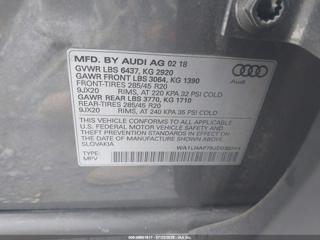 Продажа на аукционе авто 2018 Audi Q7 2.0t Premium, vin: WA1LHAF79JD030344, номер лота: 45681617