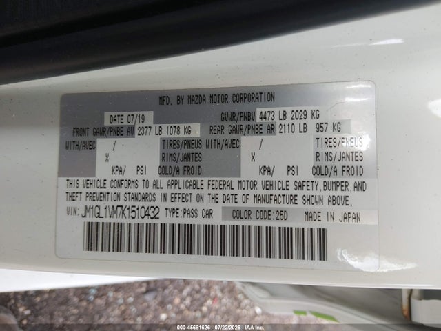 Aukcja sprzedaży 2019 Mazda Mazda6 Touring, vin: JM1GL1VM7K1510432, numer aukcji: 45681626