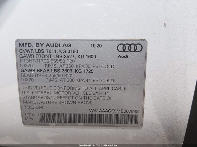 Продажа на аукционе авто 2021 Audi E-tron Premium Quattro, vin: WA1AAAGE9MB007848, номер лота: 45681628