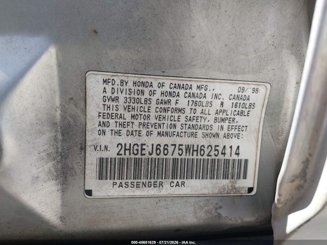 Продаж на аукціоні авто 1998 Honda Civic Lx, vin: 2HGEJ6675WH625414, номер лоту: 45681629