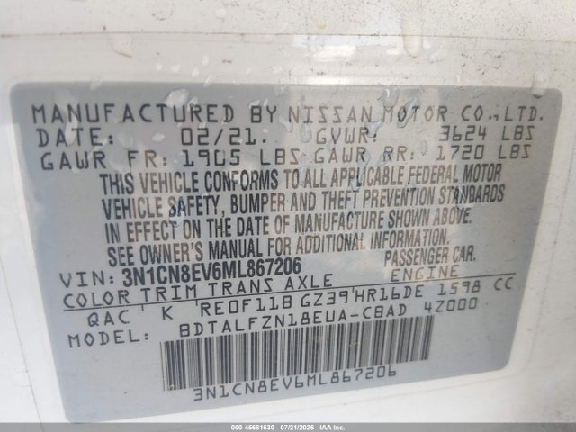 Продажа на аукционе авто 2021 Nissan Versa Sv Xtronic Cvt, vin: 3N1CN8EV6ML867206, номер лота: 45681630