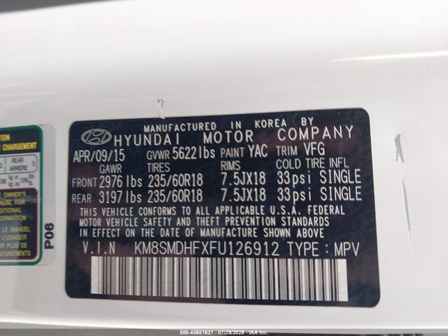 Hyundai Santa Fe Gls 2015 KM8SMDHFXFU126912 Image 9