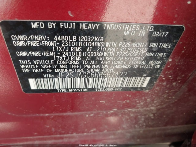 2017 Subaru Forester 2.5i Premium მანქანა იყიდება აუქციონზე, vin: JF2SJAGC6HH567422, აუქციონის ნომერი: 45681634