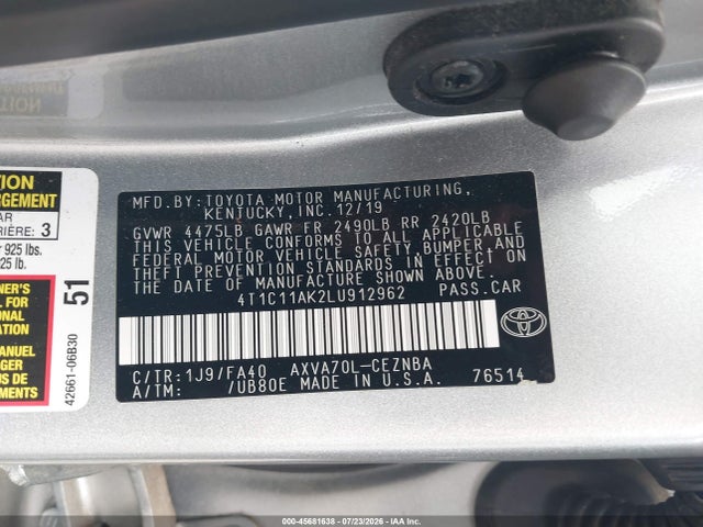 45681638 :رقم المزاد ، 4T1C11AK2LU912962 vin ، 2020 Toyota Camry Le مزاد بيع