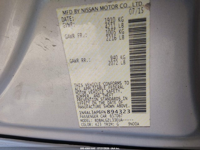 1N4AL3AP6FN894323 Nissan Altima 2.5/2.5 S/2.5 Sl/2.5 Sv