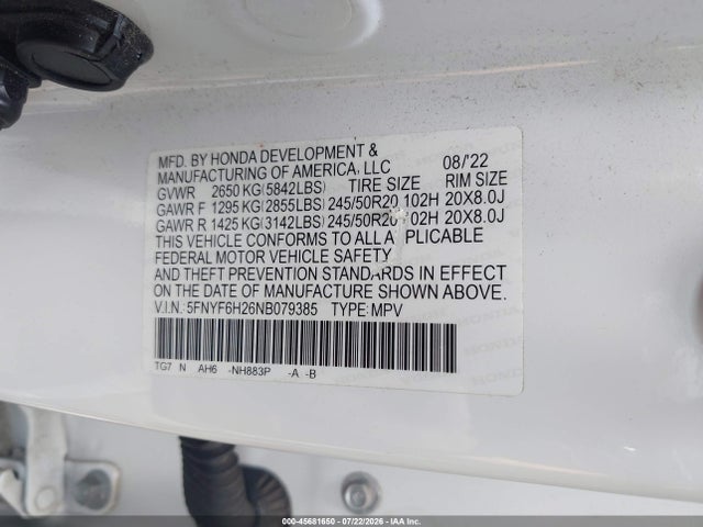 Продажа на аукционе авто 2022 Honda Pilot Awd Special Edition, vin: 5FNYF6H26NB079385, номер лота: 45681650
