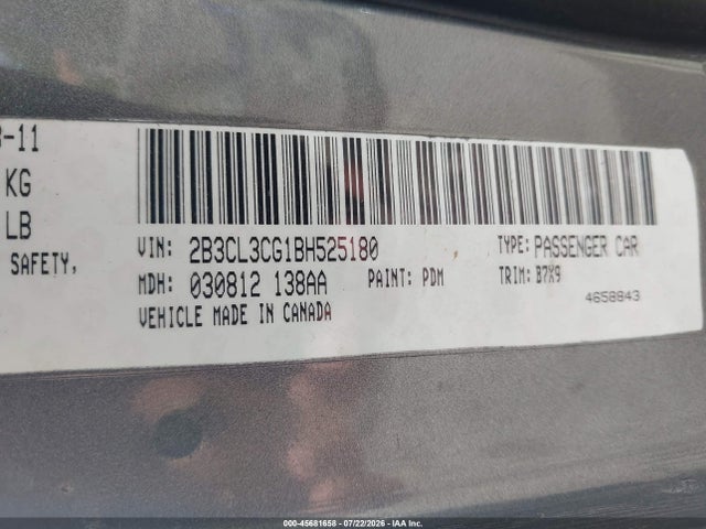 2011 Dodge Charger მანქანა იყიდება აუქციონზე, vin: 2B3CL3CG1BH525180, აუქციონის ნომერი: 45681658