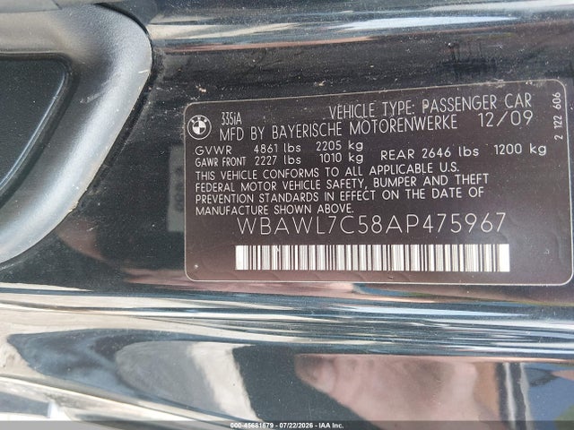 45681679 :رقم المزاد ، WBAWL7C58AP475967 vin ، 2010 Bmw 335i مزاد بيع
