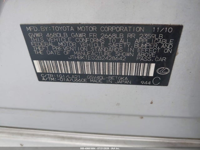 Продажа на аукционе авто 2011 Lexus Es 350, vin: JTHBK1EG2B2428642, номер лота: 45681684