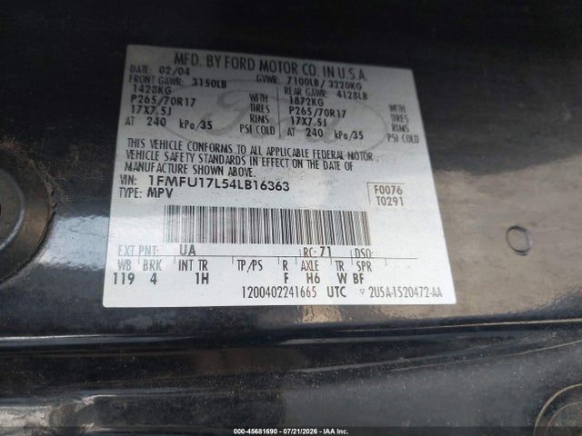 2004 Ford Expedition Eddie Bauer მანქანა იყიდება აუქციონზე, vin: 1FMFU17L54LB16363, აუქციონის ნომერი: 45681690