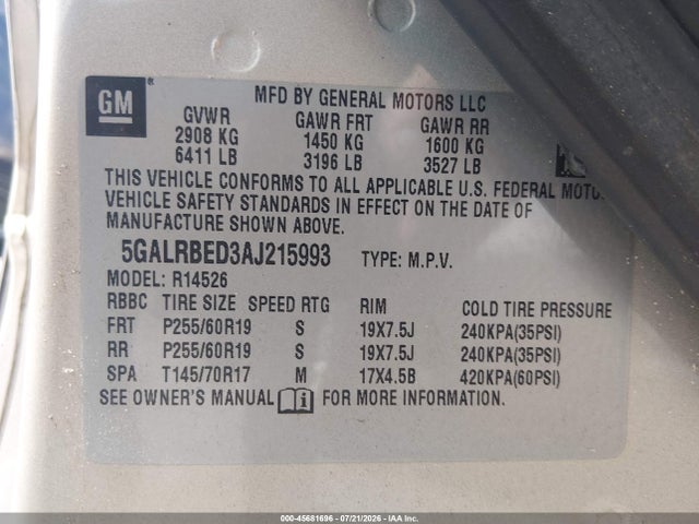 45681696 :رقم المزاد ، 5GALRBED3AJ215993 vin ، 2010 Buick Enclave 1xl مزاد بيع