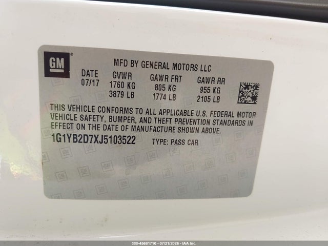 Продаж на аукціоні авто 2018 Chevrolet Corvette Stingray, vin: 1G1YB2D7XJ5103522, номер лоту: 45681710