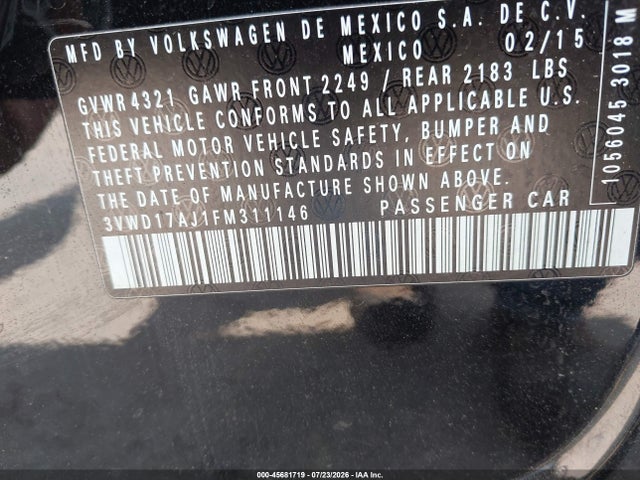 Aukcja sprzedaży 2015 Volkswagen Jetta 1.8t Se, vin: 3VWD17AJ1FM311146, numer aukcji: 45681719