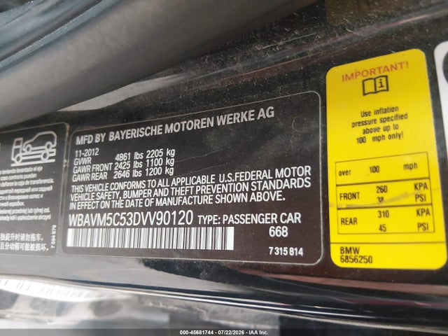 Aukcja sprzedaży 2013 Bmw X1 Xdrive35i, vin: WBAVM5C53DVV90120, numer aukcji: 45681744