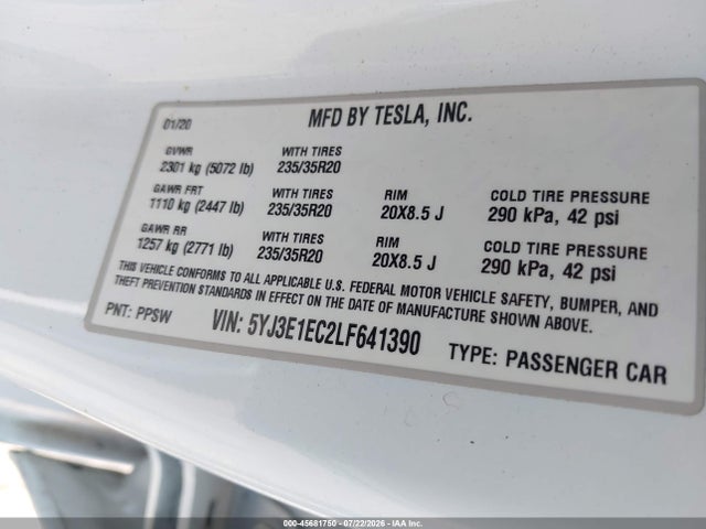 Aukcja sprzedaży 2020 Tesla Model 3 Performance Dual Motor All-wheel Drive, vin: 5YJ3E1EC2LF641390, numer aukcji: 45681750