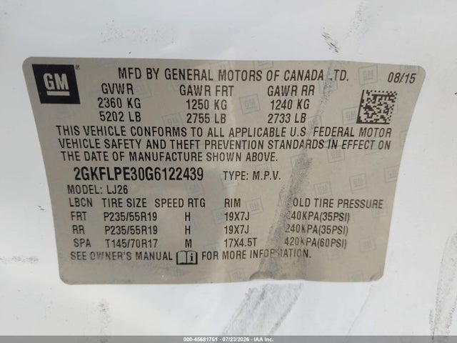 2016 Gmc Terrain Slt მანქანა იყიდება აუქციონზე, vin: 2GKFLPE30G6122439, აუქციონის ნომერი: 45681761