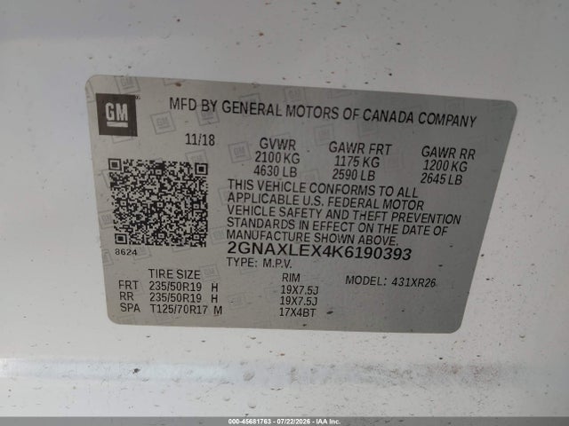 Chevrolet EQUINOX LT 2019 2GNAXLEX4K6190393 Image 9