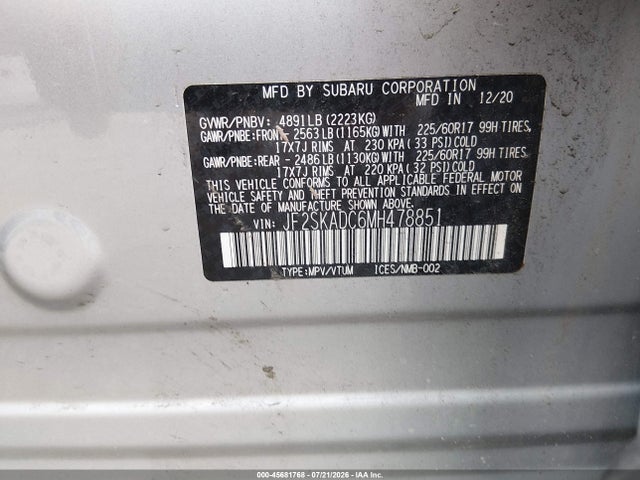 Aukcja sprzedaży 2021 Subaru Forester, vin: JF2SKADC6MH478851, numer aukcji: 45681768