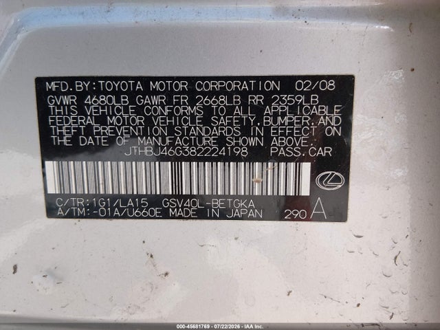 45681769 :رقم المزاد ، JTHBJ46G382224198 vin ، 2008 Lexus Es 350 مزاد بيع