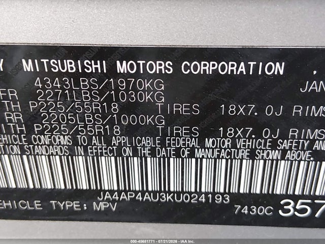 Продажа на аукционе авто 2019 Mitsubishi Outlander Sport 2.0 Se, vin: JA4AP4AU3KU024193, номер лота: 45681771