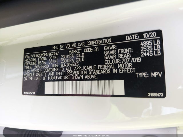 2021 Volvo Xc40 T5 R-design მანქანა იყიდება აუქციონზე, vin: YV4162UM3M2467447, აუქციონის ნომერი: 45681781