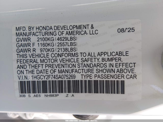 2025 Honda Accord Hybrid Sport-l მანქანა იყიდება აუქციონზე, vin: 1HGCY2F74SA075269, აუქციონის ნომერი: 45681806