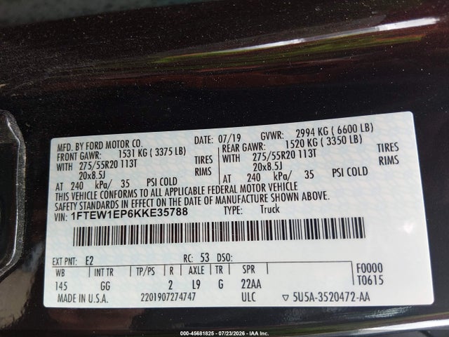 45681825 :رقم المزاد ، 1FTEW1EP6KKE35788 vin ، 2019 Ford F-150 Xl مزاد بيع