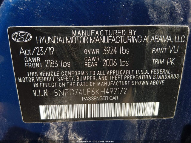 45681827 :رقم المزاد ، 5NPD74LF6KH492172 vin ، 2019 Hyundai Elantra Se مزاد بيع