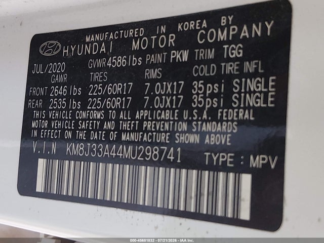 Продажа на аукционе авто 2021 Hyundai Tucson Value, vin: KM8J33A44MU298741, номер лота: 45681832