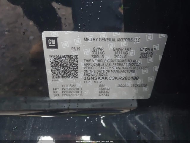 45681850 :رقم المزاد ، 1GNSKAKC3KR281488 vin ، 2019 Chevrolet Tahoe Ls مزاد بيع