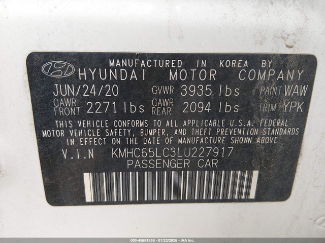 2020 Hyundai Ioniq Hybrid Blue მანქანა იყიდება აუქციონზე, vin: KMHC65LC3LU227917, აუქციონის ნომერი: 45681858