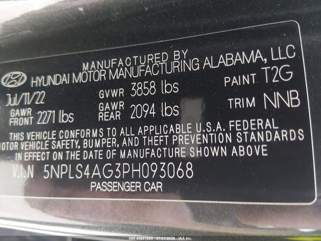 5NPLS4AG3PH093068 Hyundai ELANTRA SEL