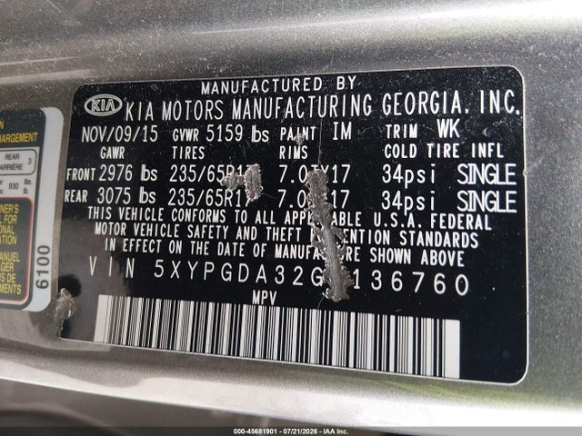 45681901 :رقم المزاد ، 5XYPGDA32GG136760 vin ، 2016 Kia Sorento 2.4l Lx مزاد بيع