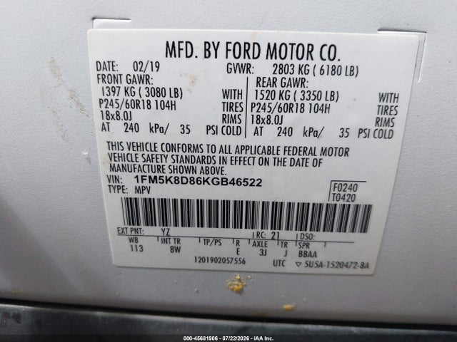 Продаж на аукціоні авто 2019 Ford Explorer Xlt, vin: 1FM5K8D86KGB46522, номер лоту: 45681906