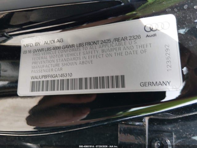 45681914 :رقم المزاد ، WAUUPBFF6GA145310 vin ، 2016 Audi A3 E-tron 1.4t Premium مزاد بيع