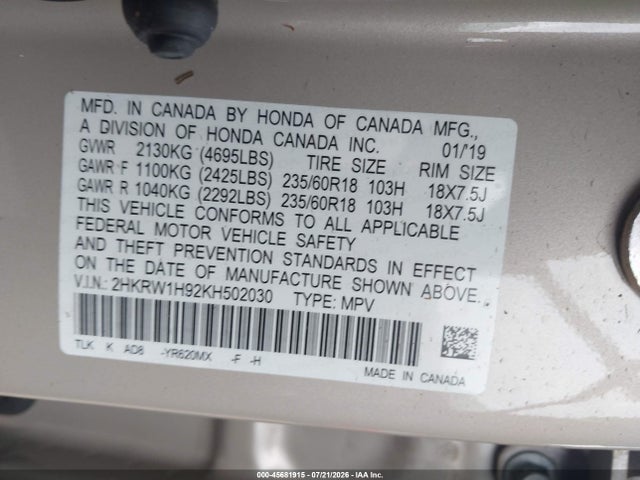 Продажа на аукционе авто 2019 Honda Cr-v Touring, vin: 2HKRW1H92KH502030, номер лота: 45681915