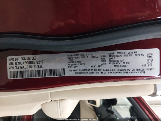 Продажа на аукционе авто 2024 Jeep Grand Cherokee L Limited 4x4, vin: 1C4RJKBG0R8572212, номер лота: 45681935